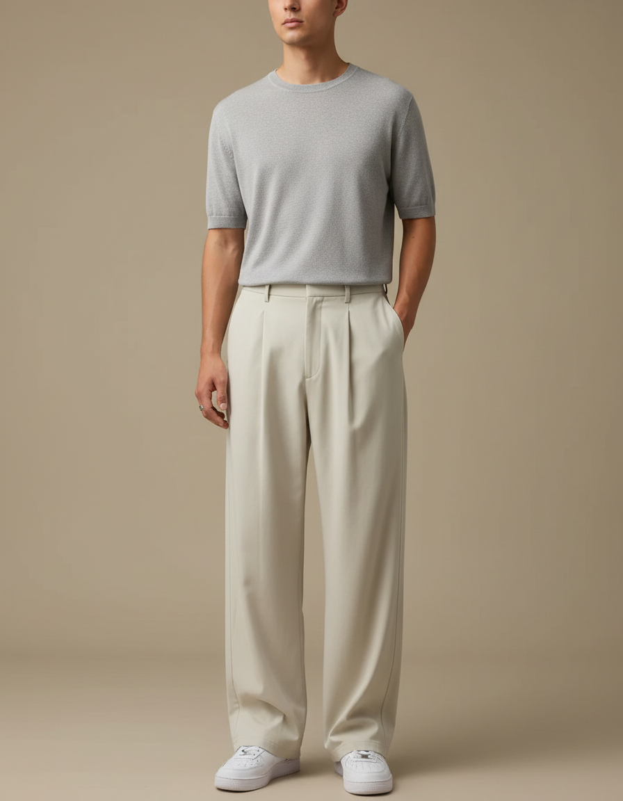 Pantalon Fluide Beige Large Plissé Élégant Homme - Polyester
