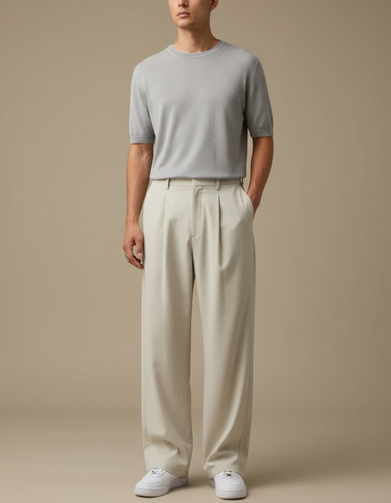 Pantalon Fluide Beige Large Plissé Élégant Homme - Polyester