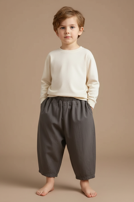 Pantalon Fluide Gris Ample Coton Décontracté Enfant