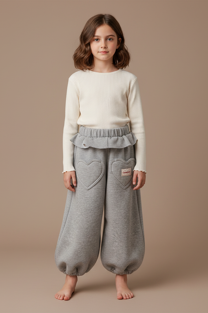 Pantalon Fluide Gris Ample Molleton Coeur Fille