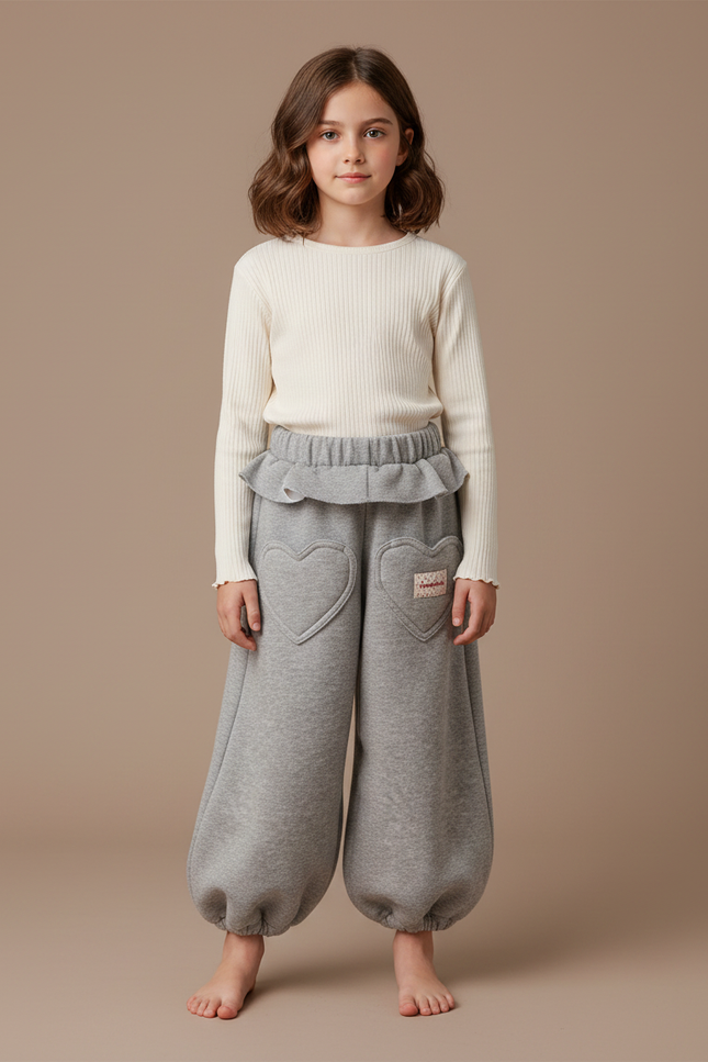 Pantalon Fluide Gris Ample Molleton Coeur Fille