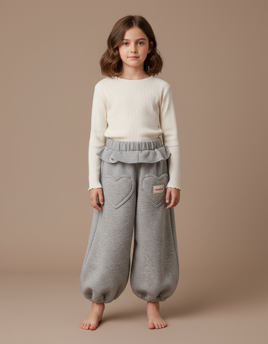 Pantalon Fluide Gris Ample Molleton Coeur Fille