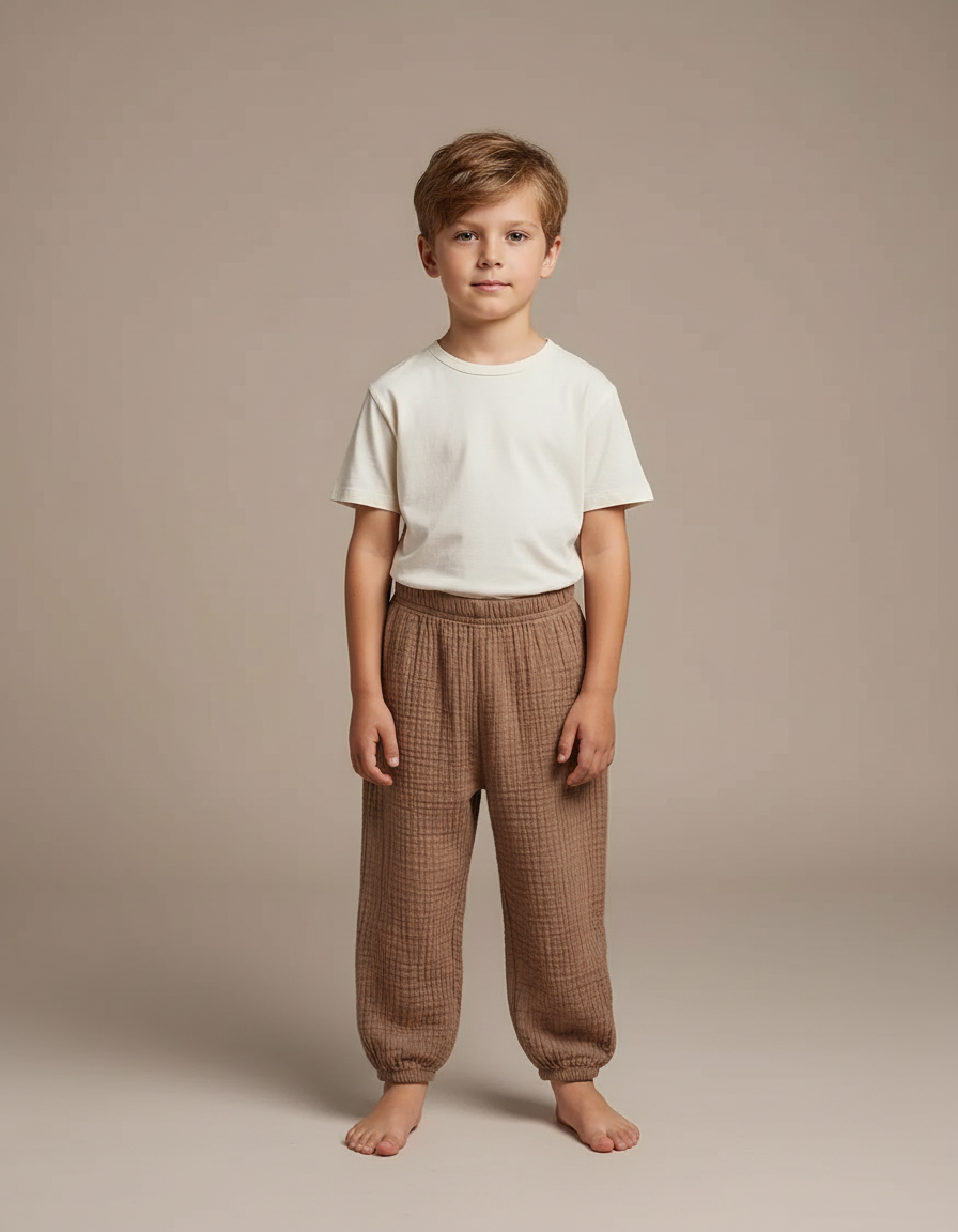 Pantalon Fluide Marron Gaze Ample Confortable Enfant - Coton