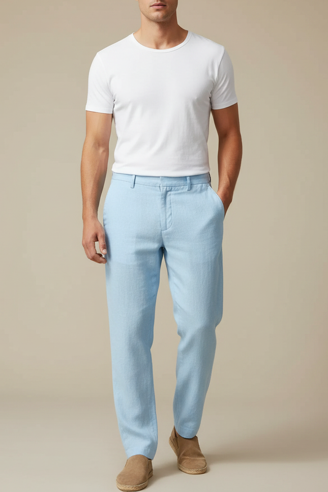 Pantalon Fluide Bleu Ciel Lin Droit Élégant Homme
