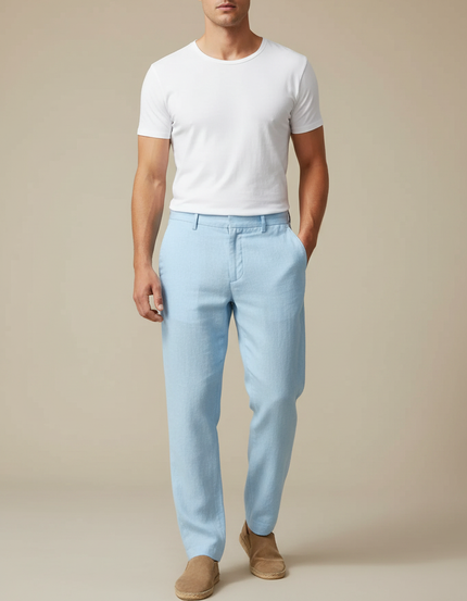 Pantalon Fluide Bleu Ciel Lin Droit Élégant Homme