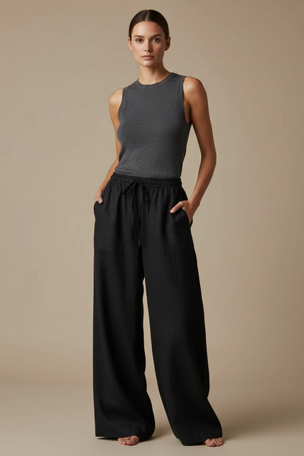 Pantalon Fluide Noir Ample Lin Cordon Femme