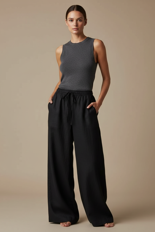 Pantalon Fluide Noir Ample Lin Cordon Femme
