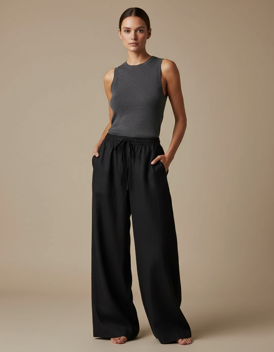 Pantalon Fluide Noir Ample Lin Cordon Femme