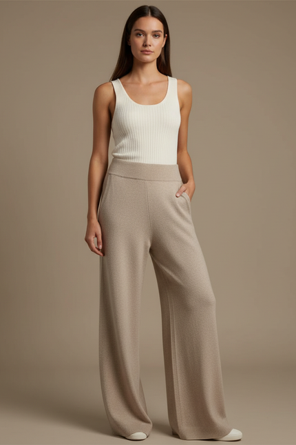 Pantalon Fluide Beige Large Tricot Confortable Femme - Maille
