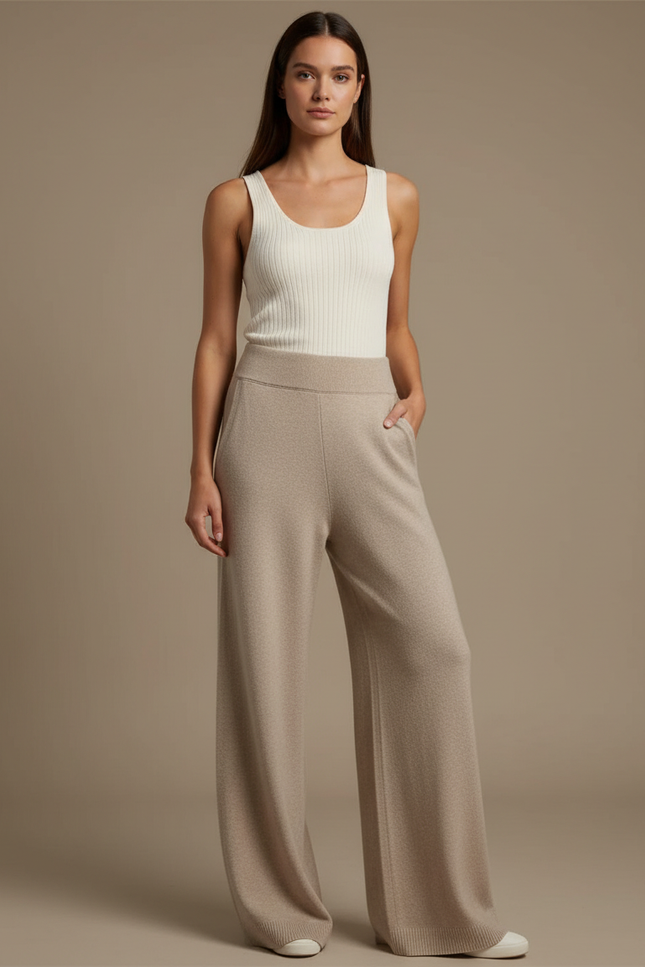 Pantalon Fluide Beige Large Tricot Confortable Femme - Maille