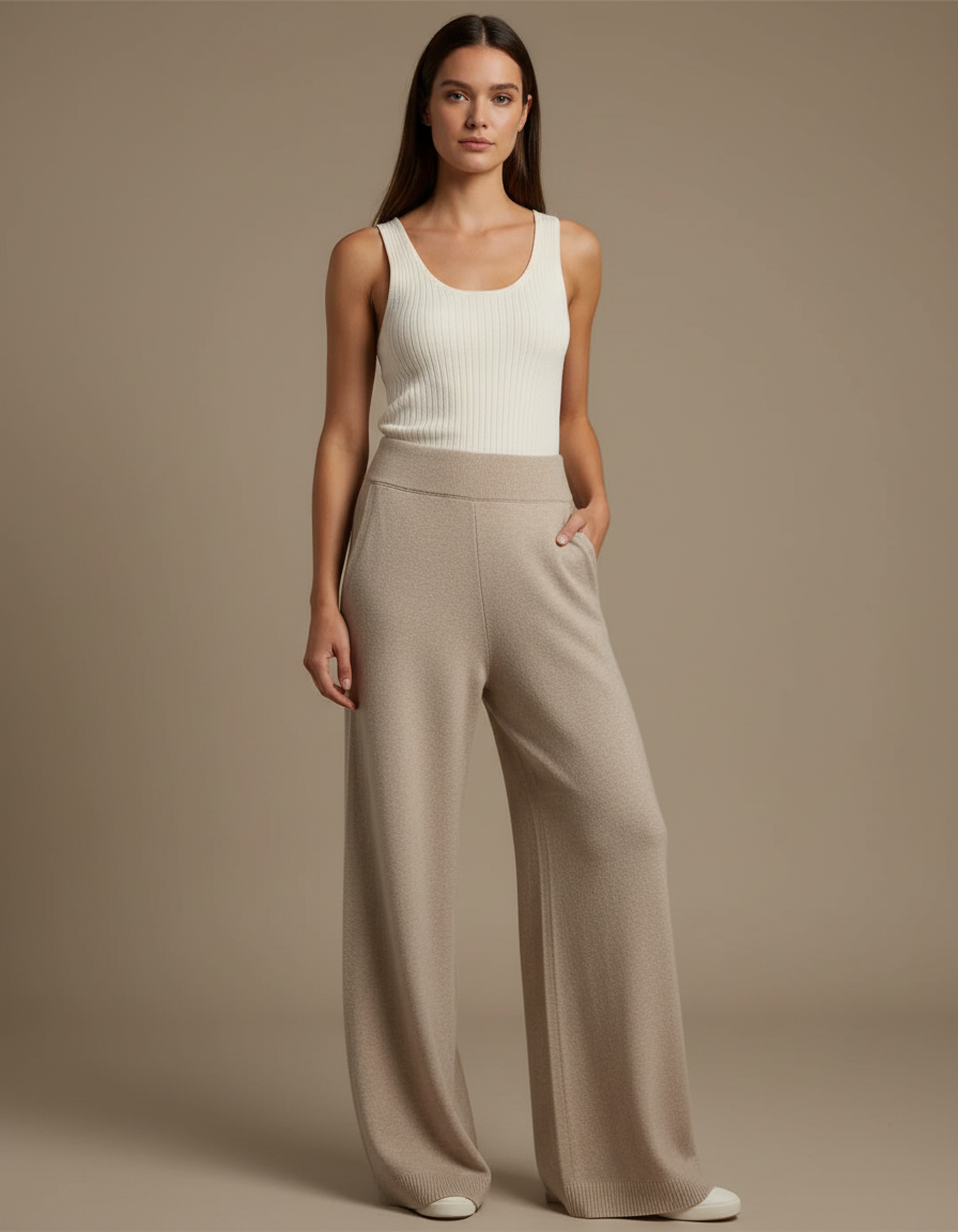 Pantalon Fluide Beige Large Tricot Confortable Femme - Maille