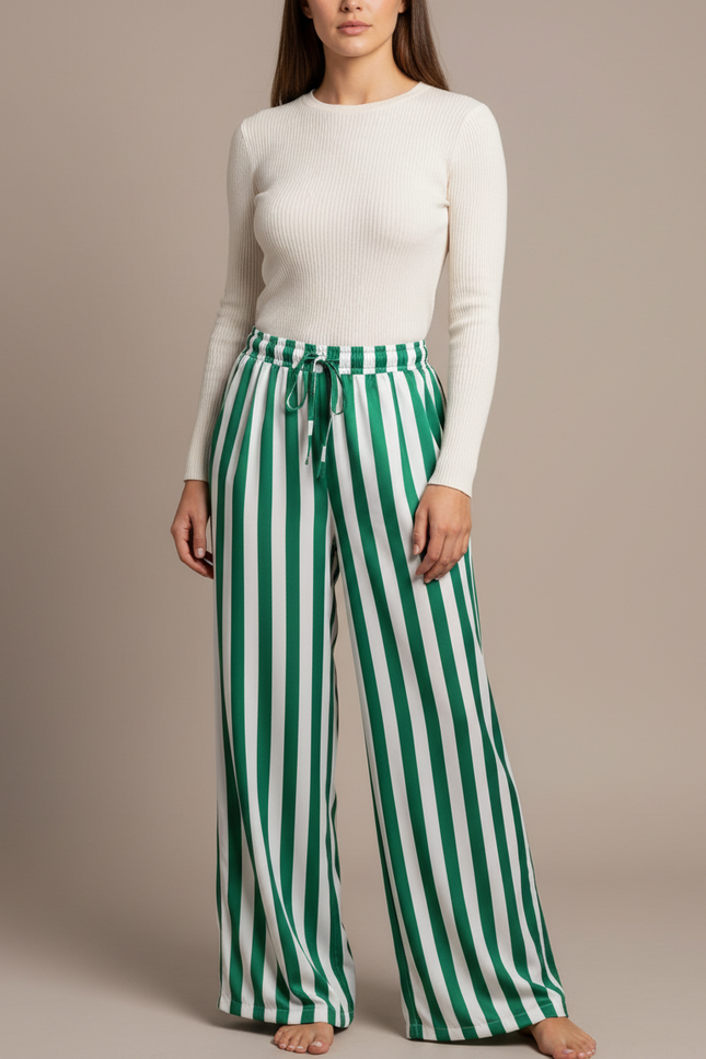 Pantalon Fluide Vert Rayé Ample Cordon Décontracté - Satin