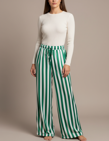 Pantalon Fluide Vert Rayé Ample Cordon Décontracté - Satin