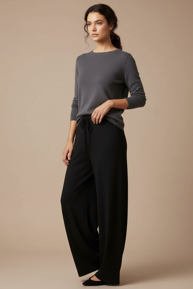 Pantalon Fluide Taille Haute Noeud - Noir Viscose