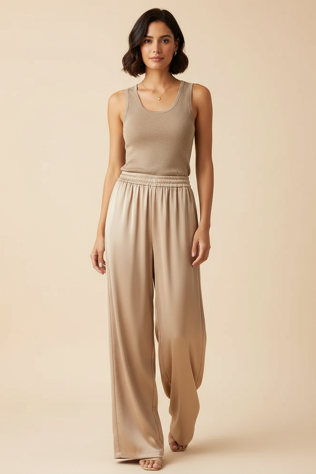 Pantalon Fluide Beige Satiné Ample Taille Haute Élégant