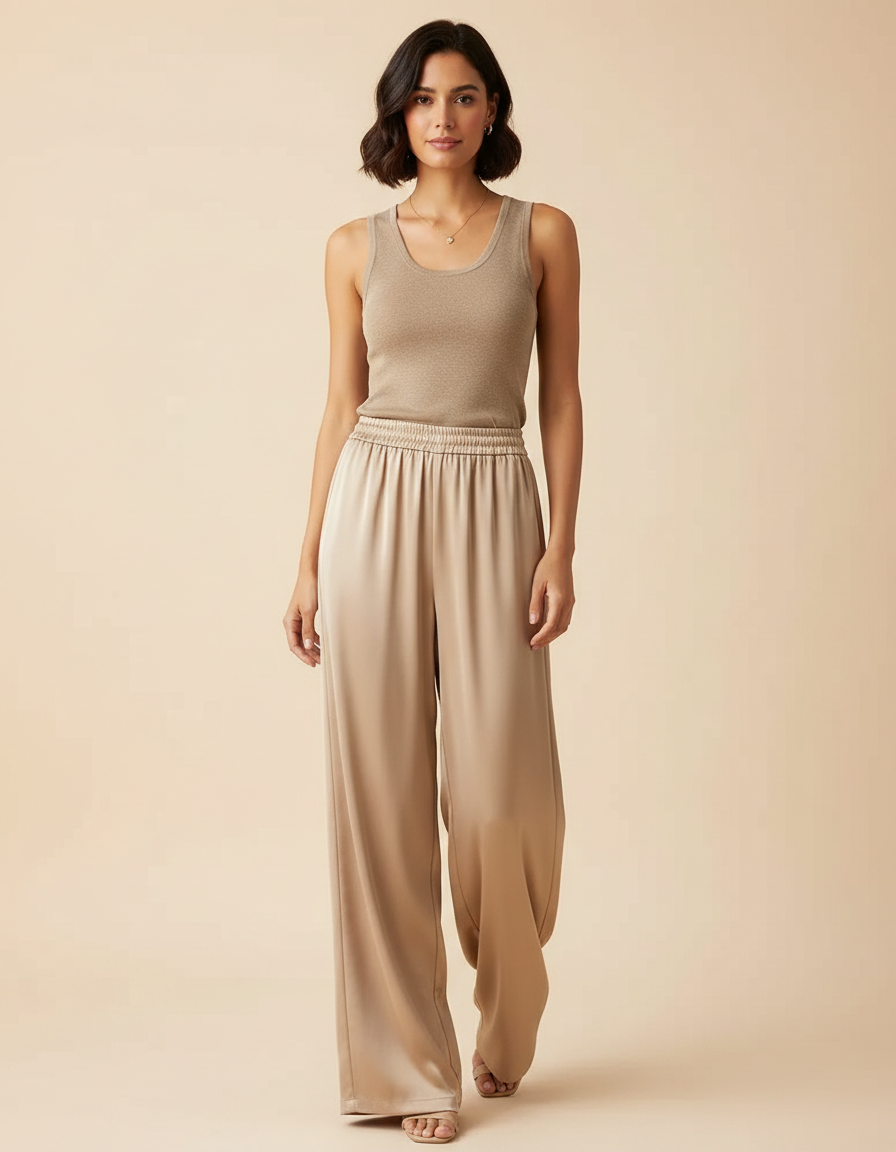 Pantalon Fluide Beige Satiné Ample Taille Haute Élégant