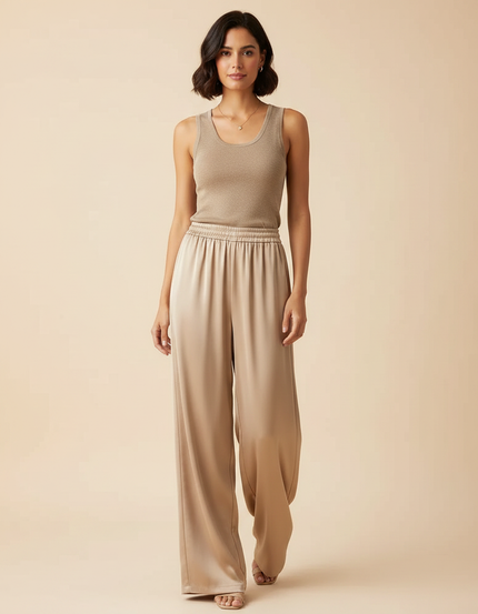 Pantalon Fluide Beige Satiné Ample Taille Haute Élégant