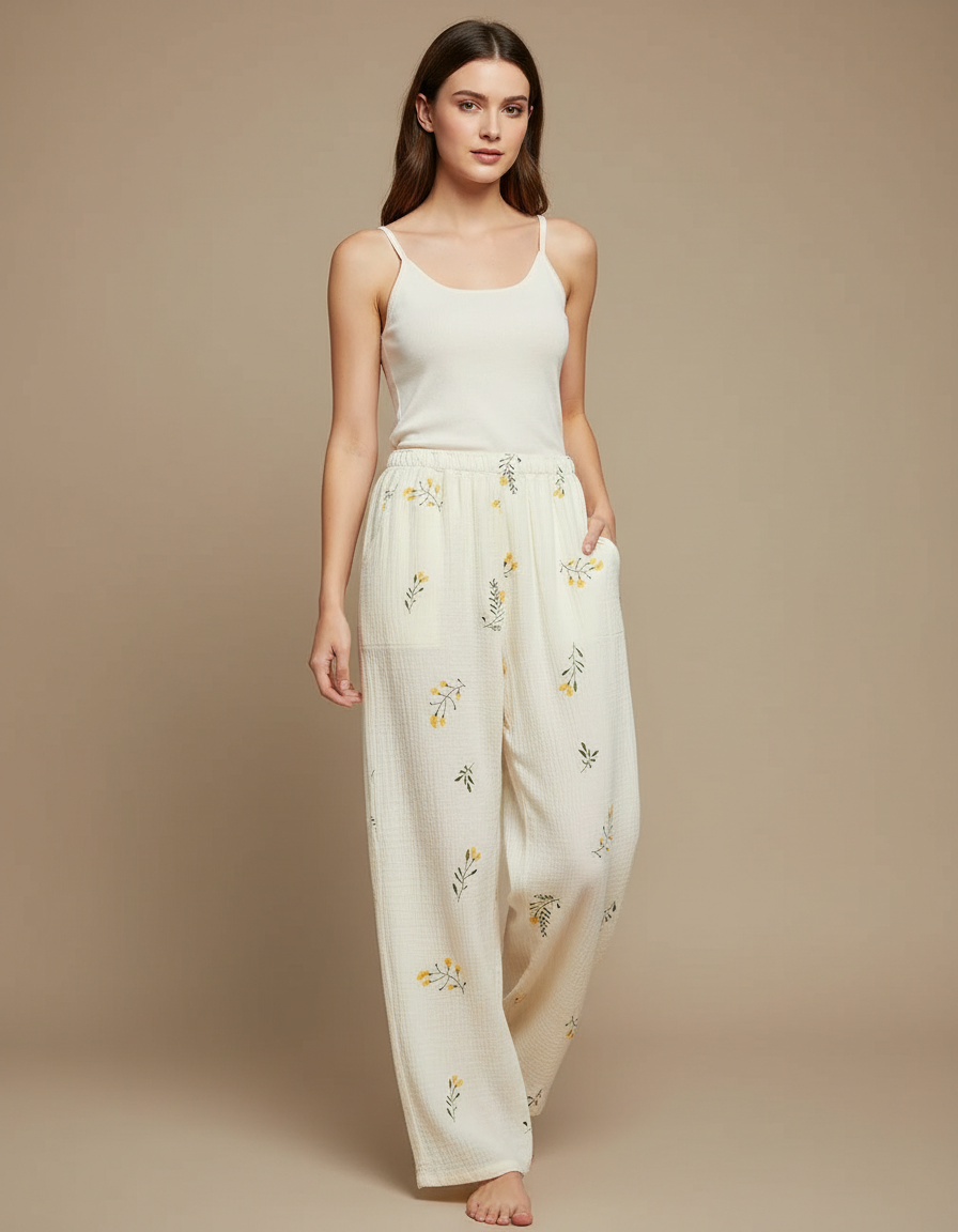 Pantalon Fluide Écru Ample Fleuri Coton Doux - Beige