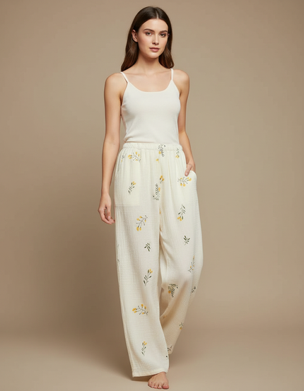 Pantalon Fluide Écru Ample Fleuri Coton Doux - Beige