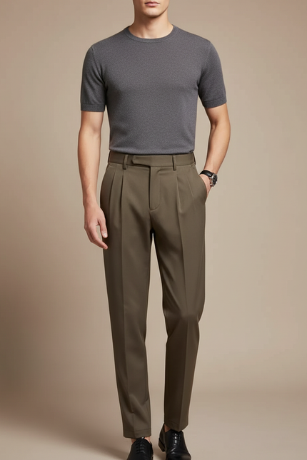 Pantalon Fluide Kaki Plissé Droit Élégant Homme - Gabardine