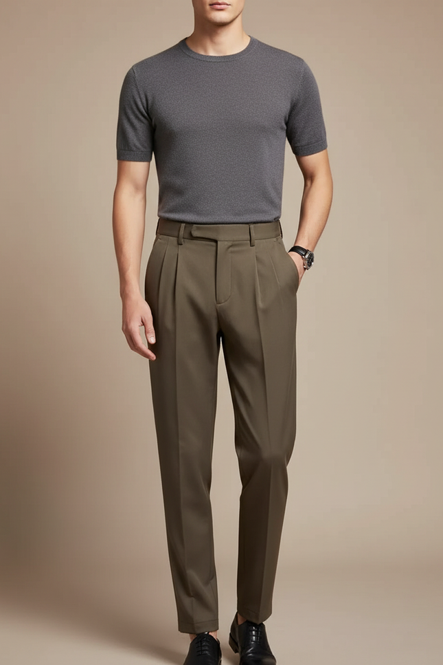 Pantalon Fluide Kaki Plissé Droit Élégant Homme - Gabardine