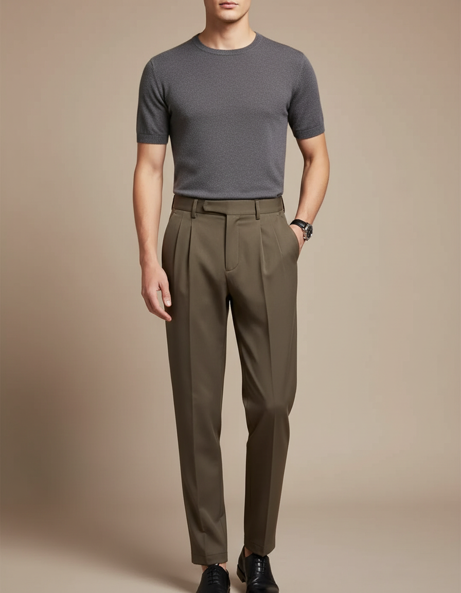 Pantalon Fluide Kaki Plissé Droit Élégant Homme - Gabardine