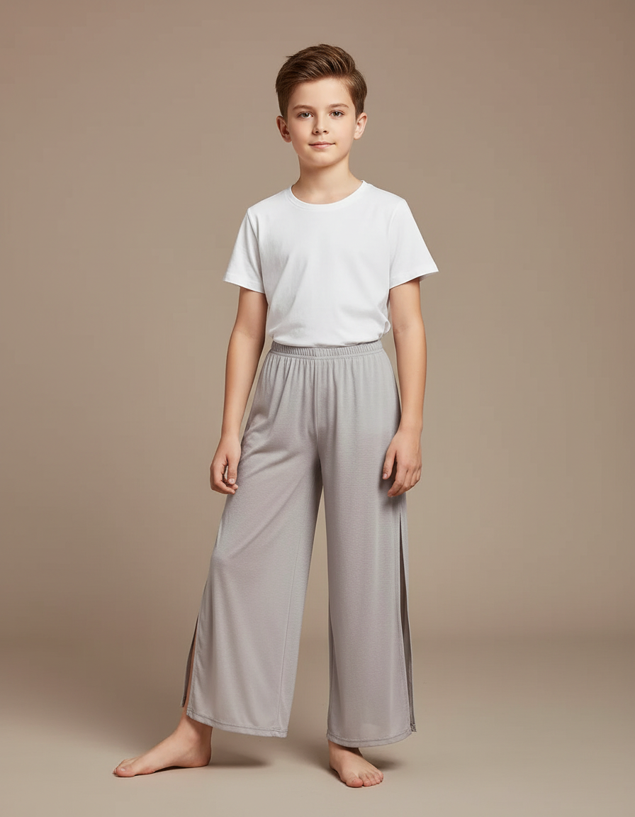 Pantalon Fluide Gris Maille Ample Fendu Enfant