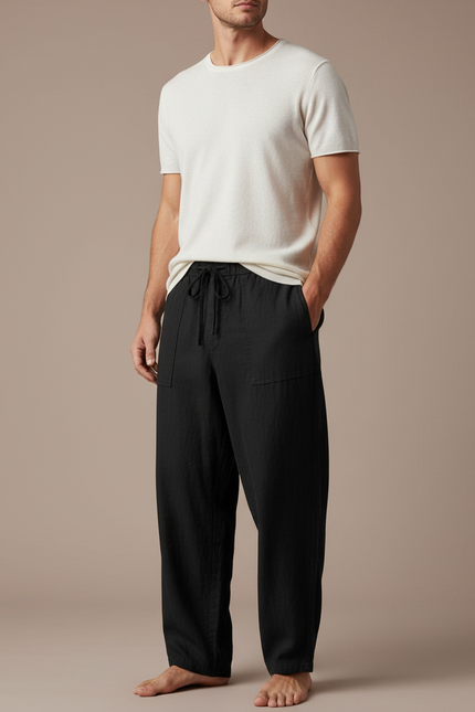 Pantalon Fluide Noir Ample Lin Homme Décontracté Cordon