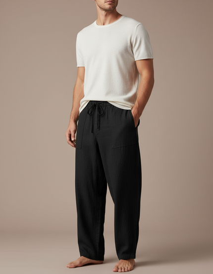 Pantalon Fluide Noir Ample Lin Homme Décontracté Cordon