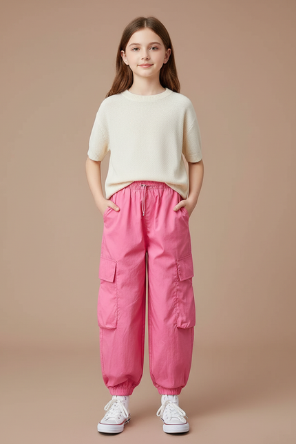 Pantalon Fluide Rose Cargo Ample Fille - Polyester