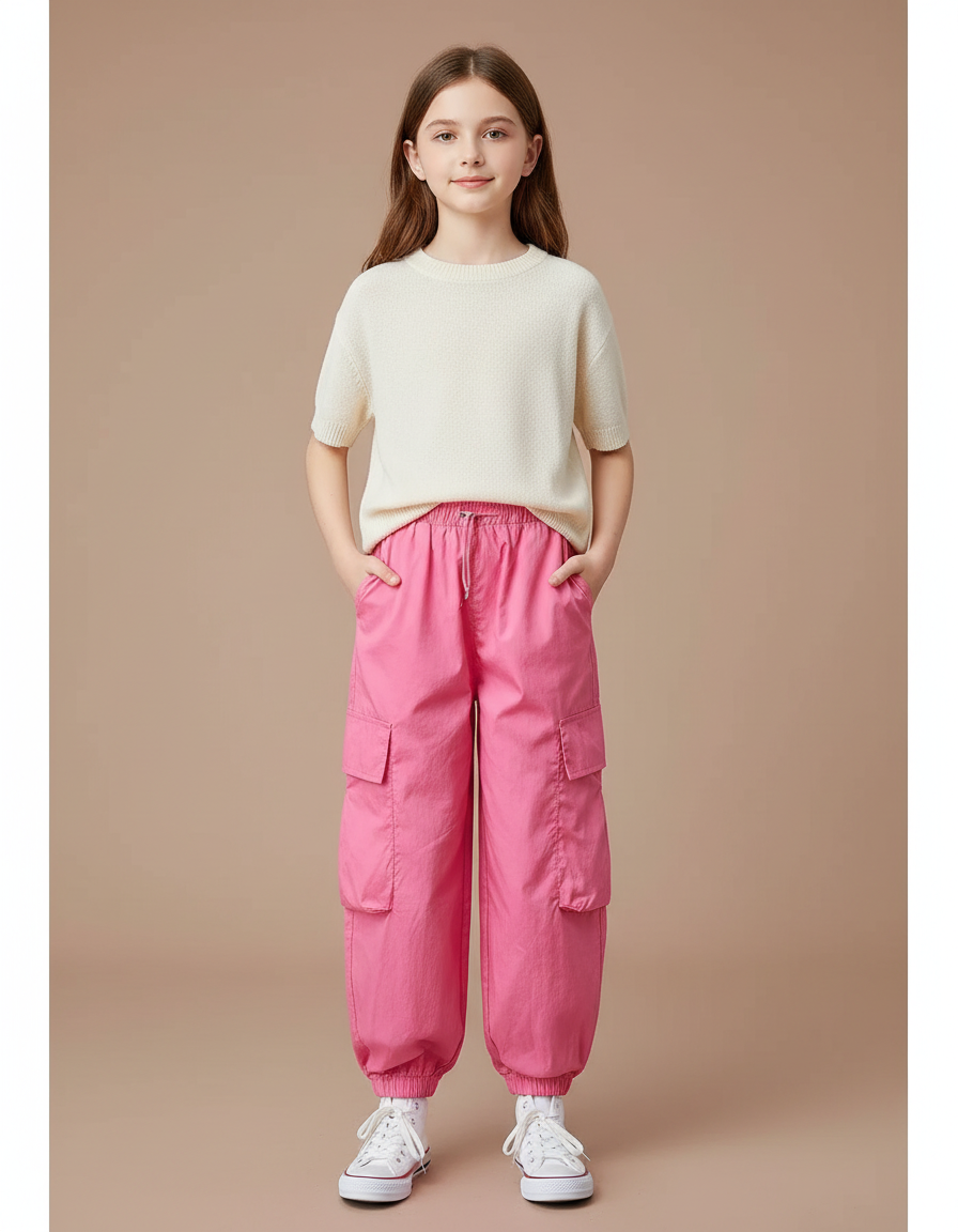 Pantalon Fluide Rose Cargo Ample Fille - Polyester