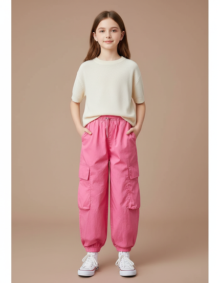 Pantalon Fluide Rose Cargo Ample Fille - Polyester