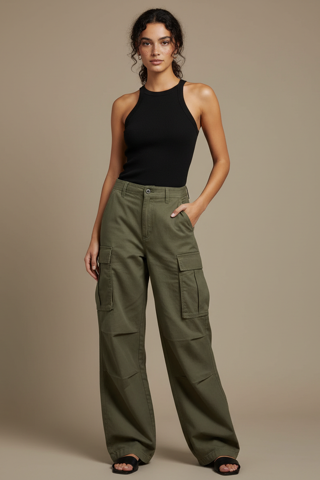 Pantalon Fluide Kaki Ample Cargo Coton Décontracté