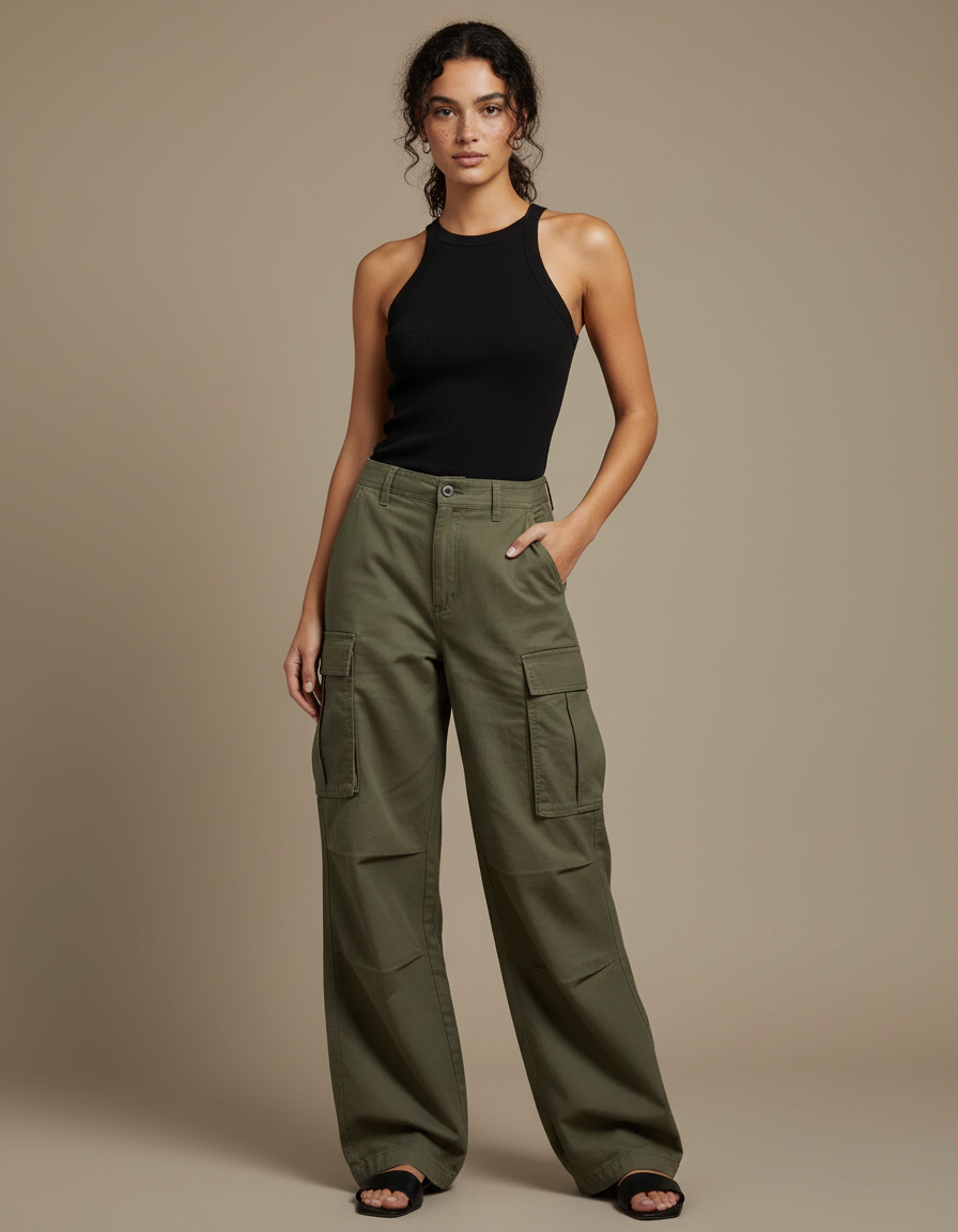 Pantalon Fluide Kaki Ample Cargo Coton Décontracté