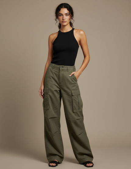 Pantalon Fluide Kaki Ample Cargo Coton Décontracté