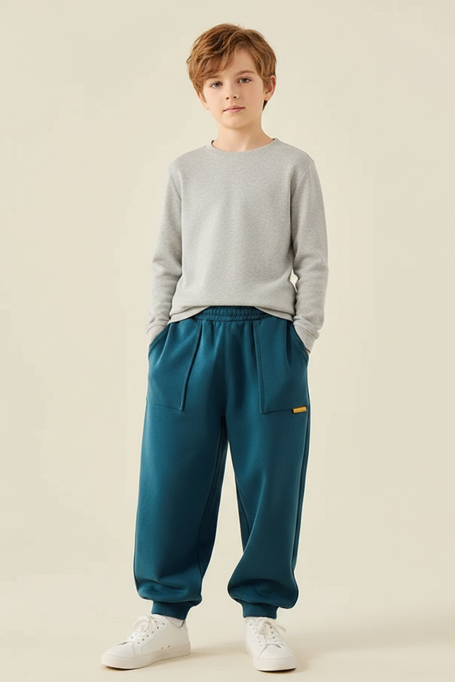Pantalon Fluide Bleu Canard Ample Coton Décontracté Enfant - Molleton