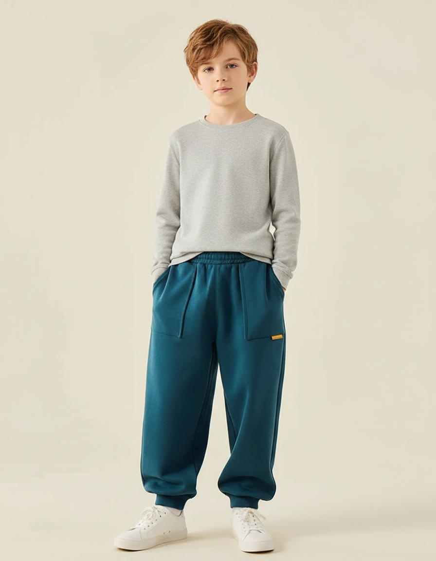 Pantalon Fluide Bleu Canard Ample Coton Décontracté Enfant - Molleton