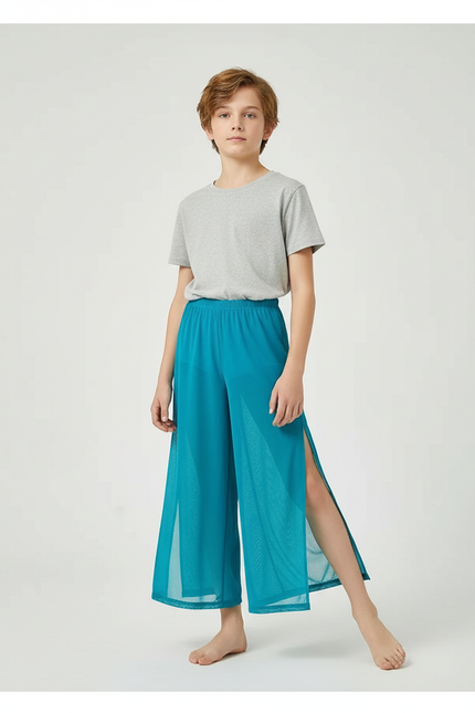 Pantalon Fluide Bleu Maille Ample Fendu Enfant
