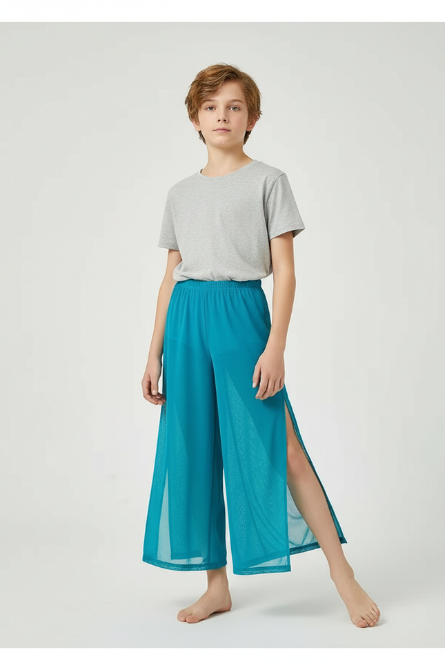 Pantalon Fluide Bleu Maille Ample Fendu Enfant