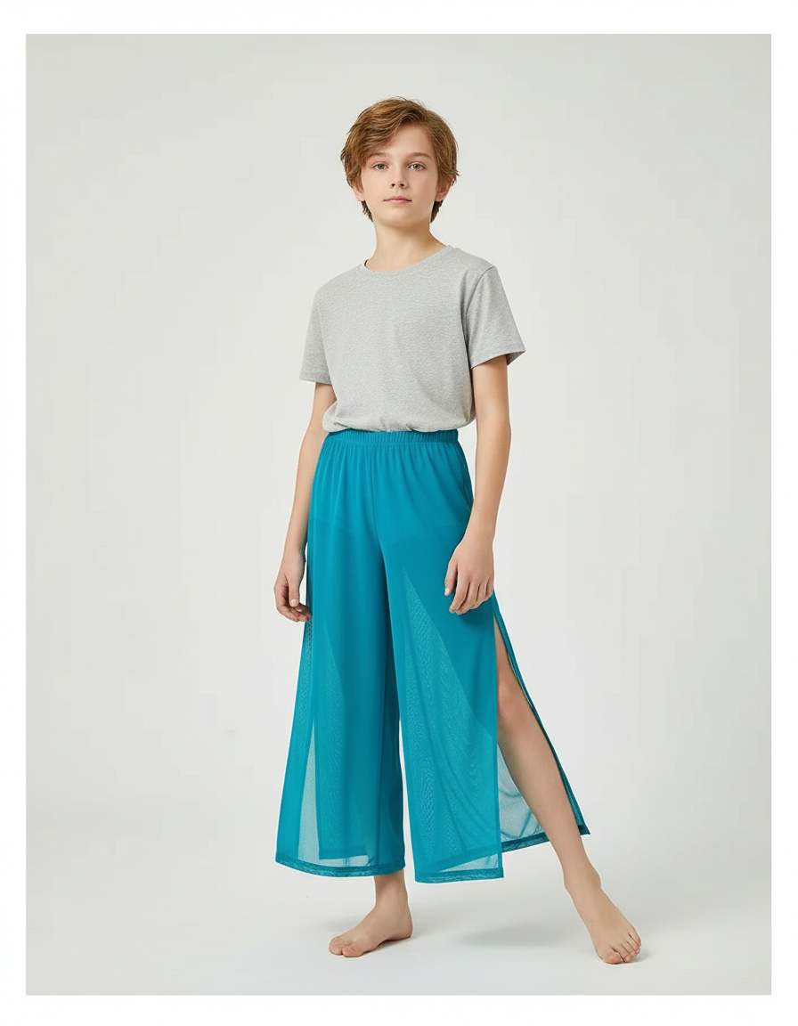 Pantalon Fluide Bleu Maille Ample Fendu Enfant