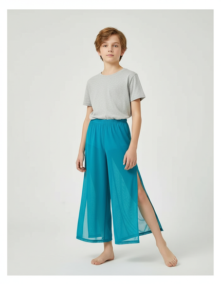 Pantalon Fluide Bleu Maille Ample Fendu Enfant