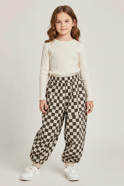 Pantalon Fluide Carreaux Marron Écru Ample Enfants Garçons Filles - Multicolore Molleton