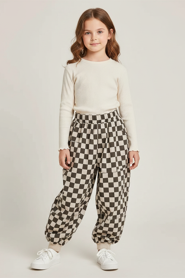 Pantalon Fluide Carreaux Marron Écru Ample Enfants Garçons Filles - Multicolore Molleton