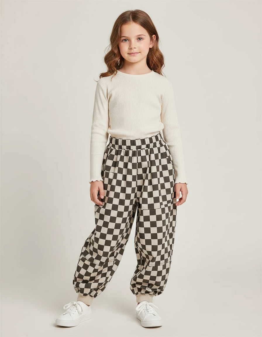 Pantalon Fluide Carreaux Marron Écru Ample Enfants Garçons Filles - Multicolore Molleton