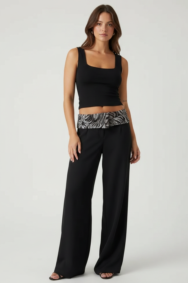 Pantalon Fluide Noir Taille Basse - Polyester