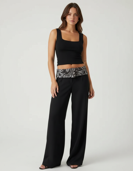 Pantalon Fluide Noir Taille Basse - Polyester