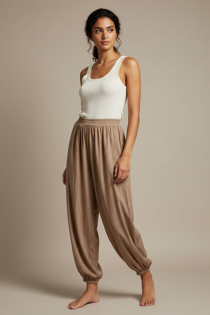 Pantalon Fluide Marron Ample Taille Élastique Confortable - Lin