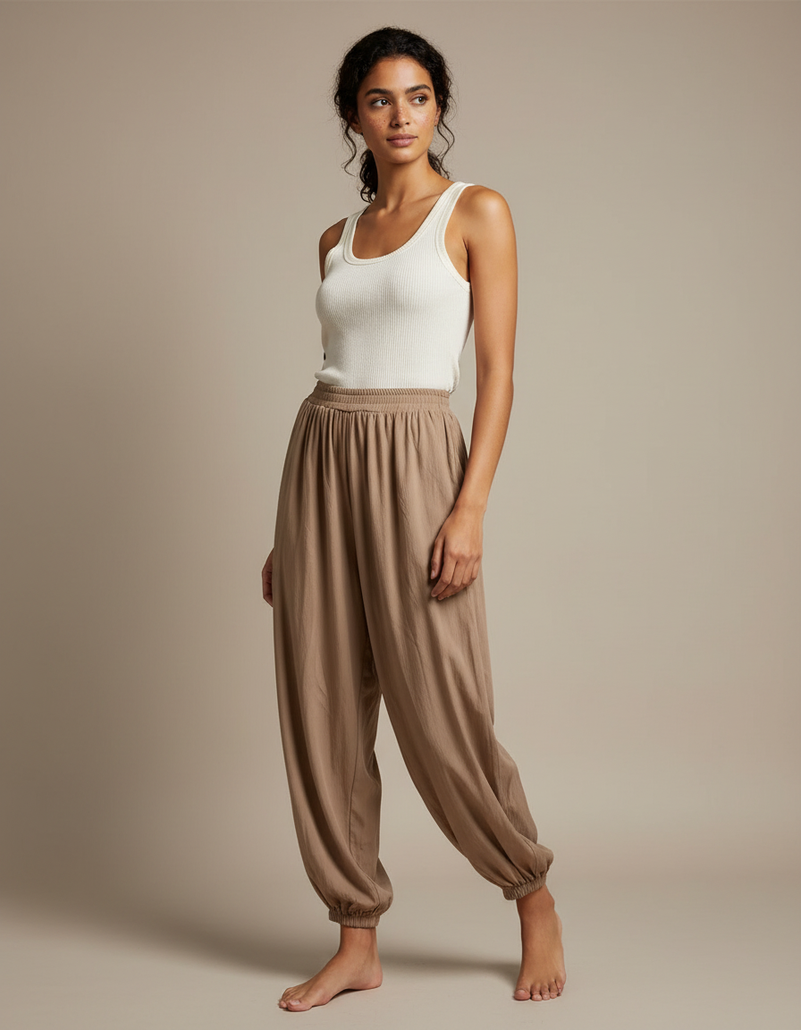 Pantalon Fluide Marron Ample Taille Élastique Confortable - Lin