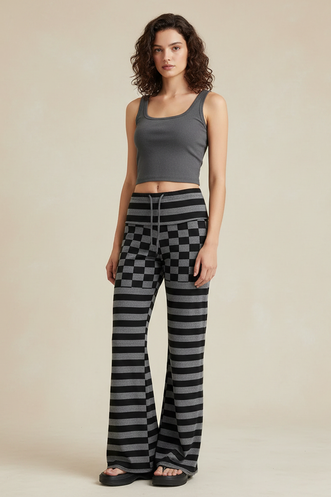 Pantalon Fluide Noir Gris Rayé Carreaux Évasé Décontracté - Multicolore Maille