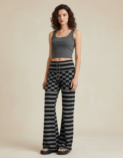 Pantalon Fluide Noir Gris Rayé Carreaux Évasé Décontracté - Multicolore Maille